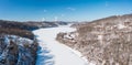 Aerial view down the frozen Cheat River in Morgantown, WV