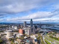 Aerial view of the downtown area of the city of Mobile, Alabama cityscape and skyline waterfront Port in March of 2020