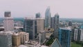 Aerial view of downtown district of Charlotte city in North Carolina, USA. Glass and steel high skyscraper buildings in