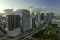Aerial view of downtown district of of Miami Brickell in Florida, USA at sunset. High skyscraper buildings and street Royalty Free Stock Photo