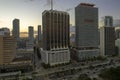 Aerial view of downtown district of of Miami Brickell in Florida, USA at sunset. High skyscraper buildings and street Royalty Free Stock Photo