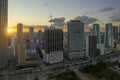 Aerial view of downtown district of of Miami Brickell in Florida, USA at sunset. High skyscraper buildings and street Royalty Free Stock Photo