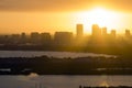 Aerial view of downtown district of Tampa city in Florida, USA at sunset. Dark silhouette of high skyscraper office Royalty Free Stock Photo