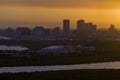 Aerial view of downtown district of Tampa city in Florida, USA at sunset. Dark silhouette of high skyscraper office Royalty Free Stock Photo