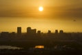 Aerial view of downtown district of Tampa city in Florida, USA at sunset. Dark silhouette of high skyscraper office Royalty Free Stock Photo