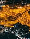 Aerial view of Downtown Dubai with roads, Dubai Mall and the fountain by night, from Burj Khalifa observatory deck in Royalty Free Stock Photo