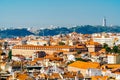 Aerial View Of Downtown Lisbon Skyline Of The Old Historical City And Cristo Rei Santuario Sanctuary Of Christ the King Statue Royalty Free Stock Photo