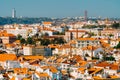 Aerial View Of Downtown Lisbon Skyline Of The Old Historical City And Cristo Rei Santuario Sanctuary Of Christ the King Statue Royalty Free Stock Photo
