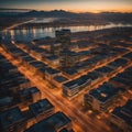 Aerial view of downtown Los Angeles at sunset, generative ai