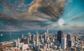 Aerial view of Downtown San Francisco and Bay Bridge from helicopter at dusk Royalty Free Stock Photo