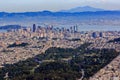 Aerial view of downtown San Francisco and Financial District sky scrapers flying over Golden Gate Park