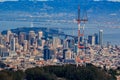 Aerial view of downtown San Francisco and Financial District skyline with Sutro tower in the foreground, flying over Twin Peaks Royalty Free Stock Photo