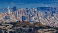 Aerial view of downtown San Francisco and Financial District skyline with Sutro tower in the foreground, flying over Twin Peaks Royalty Free Stock Photo