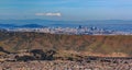 Aerial view of downtown San Francisco skyscrapers fly over South San Francisco The Industrial City San Bruno mountain inscription Royalty Free Stock Photo