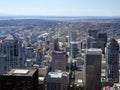 Aerial view of downtown Seattle buildings, Space Needle, Puget Sound and Cranes