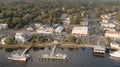 Aerial view of downtown St Marys, Georgia and the St Marys River at sunset