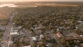 Aerial view of downtown St Marys, Georgia and the St Marys River at sunset