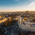 Aerial view of downtown with streets and roads and building of South-Eastern Railway with tower - symbol of Voronezh city