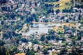 Aerial view of Dr. Robert Gross Groundwater Recharge Pond surrounded by a residential neighborhood, San Jose, South San Francisco Royalty Free Stock Photo