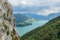 Aerial view from Drachenwand via ferrata klettersteig route above Mondsee lake in Austria, during a climbing Summer holiday trip Royalty Free Stock Photo