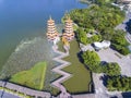 Aerial view of Dragon and Tiger Pagodas in Lotus Pond, Kaohsiung