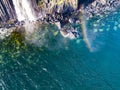 Aerial view of the dramatic coastline at the cliffs by Staffin with the famous Kilt Rock waterfall - Isle of Skye - Royalty Free Stock Photo