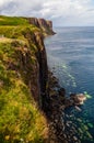 Aerial view of the dramatic coastline at Staffin Cliffs with the famous Kilt Rock Waterfall - Isle of Skye - Scotland. Royalty Free Stock Photo