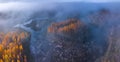 Aerial view of Dreamy foggy autumn landscape over the swamp Royalty Free Stock Photo