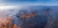 Aerial view of Dreamy foggy autumn landscape over the swamp Royalty Free Stock Photo