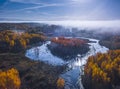 Aerial view of Dreamy foggy autumn landscape over the swamp Royalty Free Stock Photo