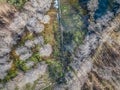 Aerial view of drone, artificial lake and dense forest on the banks Royalty Free Stock Photo