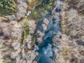 Aerial view of drone, artificial lake and dense forest on the banks Royalty Free Stock Photo