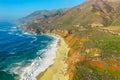 Aerial view from a drone, beautiful coastal landscape on Pacific Highway 1, traveling south to Los Angeles, Big Sur Royalty Free Stock Photo