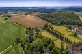 Aerial view from drone of beautiful fresh green cultivated fields