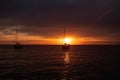 Aerial view from drone on boat shipping in sea, sunset Royalty Free Stock Photo