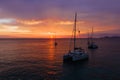 Aerial view from drone on boats shipping in sea, sunset Royalty Free Stock Photo