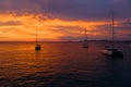 Aerial view from drone on boats shipping in sea, sunset Royalty Free Stock Photo