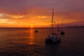 Aerial view from drone on boats shipping in sea, sunset Royalty Free Stock Photo