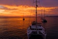 Aerial view from drone on boats shipping in sea, sunset Royalty Free Stock Photo