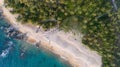 Aerial view Drone camera of Amazing beach sea with coconut palm trees near the beach in Thailand Beautiful sea and sunset sky Royalty Free Stock Photo