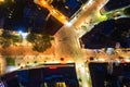 Aerial view from the drone of the centrum and illuminated streets of Varna city at night Royalty Free Stock Photo