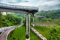 Aerial view from drone, early foggy morning, pedestrian bicycle bridge in Kiev Royalty Free Stock Photo