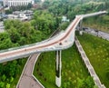 Aerial view from drone, early foggy morning, pedestrian bicycle bridge in Kiev Royalty Free Stock Photo