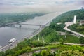 Aerial view from drone, early foggy morning, pedestrian bicycle bridge in Kiev Royalty Free Stock Photo