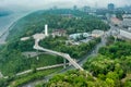 Aerial view from drone, early foggy morning, pedestrian bicycle bridge in Kiev Royalty Free Stock Photo