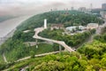 Aerial view from drone, early foggy morning, pedestrian bicycle bridge in Kiev Royalty Free Stock Photo