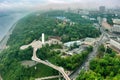 Aerial view from drone, early foggy morning, pedestrian bicycle bridge in Kiev Royalty Free Stock Photo