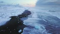 Aerial view from drone, Flying over black beach in Iceland