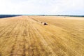 Aerial view drone of harvest field with tractor mows dry grass. Autumn yellow field with a haystack after harvest top view.