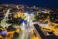 Aerial view from the drone of the illuminated centrum of Varna city at night Royalty Free Stock Photo